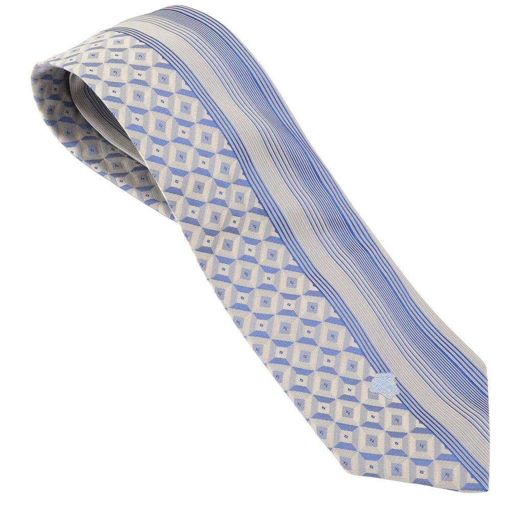Vintage VERSACE 1990s Silk Tie Blue Stripe Split Panel Medusa Head Logo